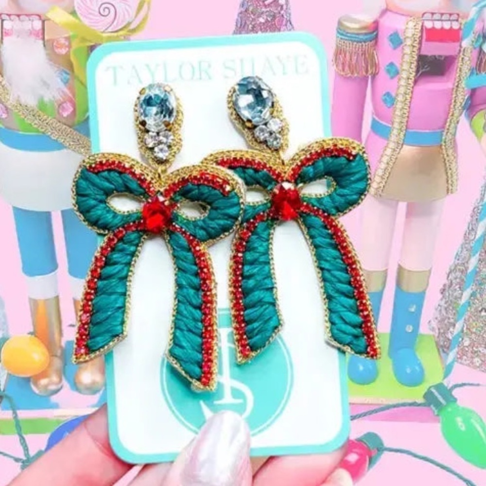 Taylor Shaye Beaded Christmas Bow Earrings